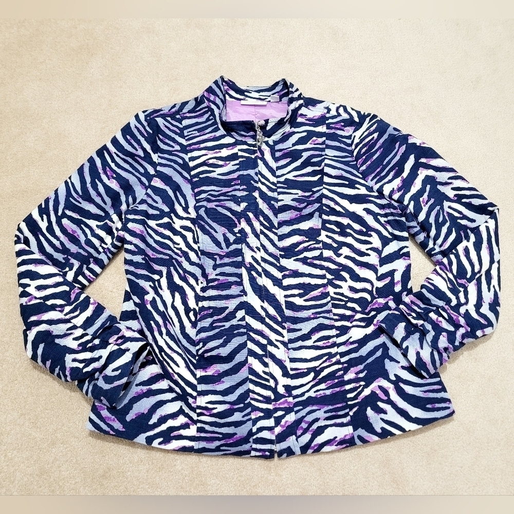 Susan Graver Women’s Zip Front Jacket Size Medium Zebra Print Purple Navy Lined - Picture 9 of 16